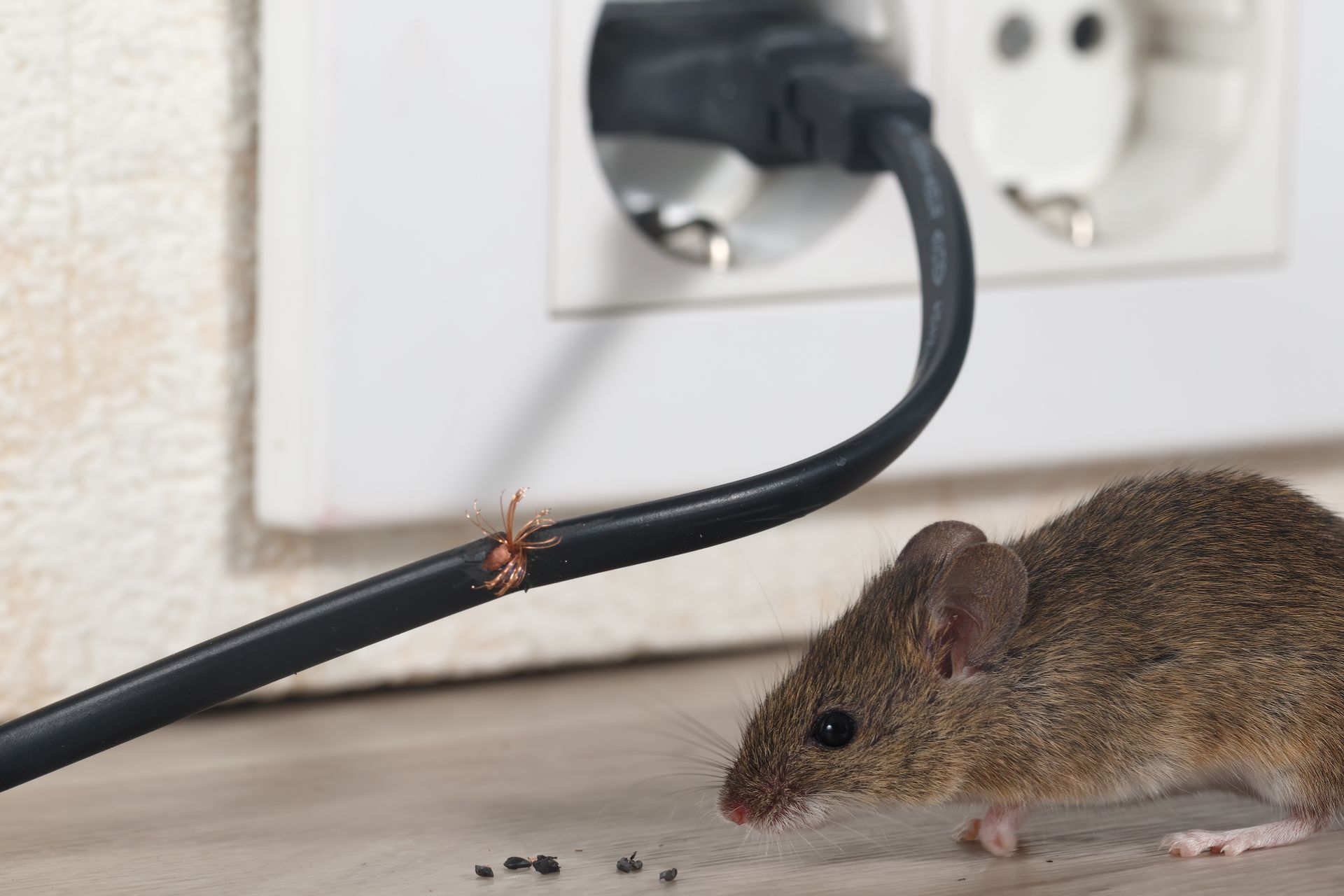 Un ratón está parado al lado de un cable de alimentación roto.