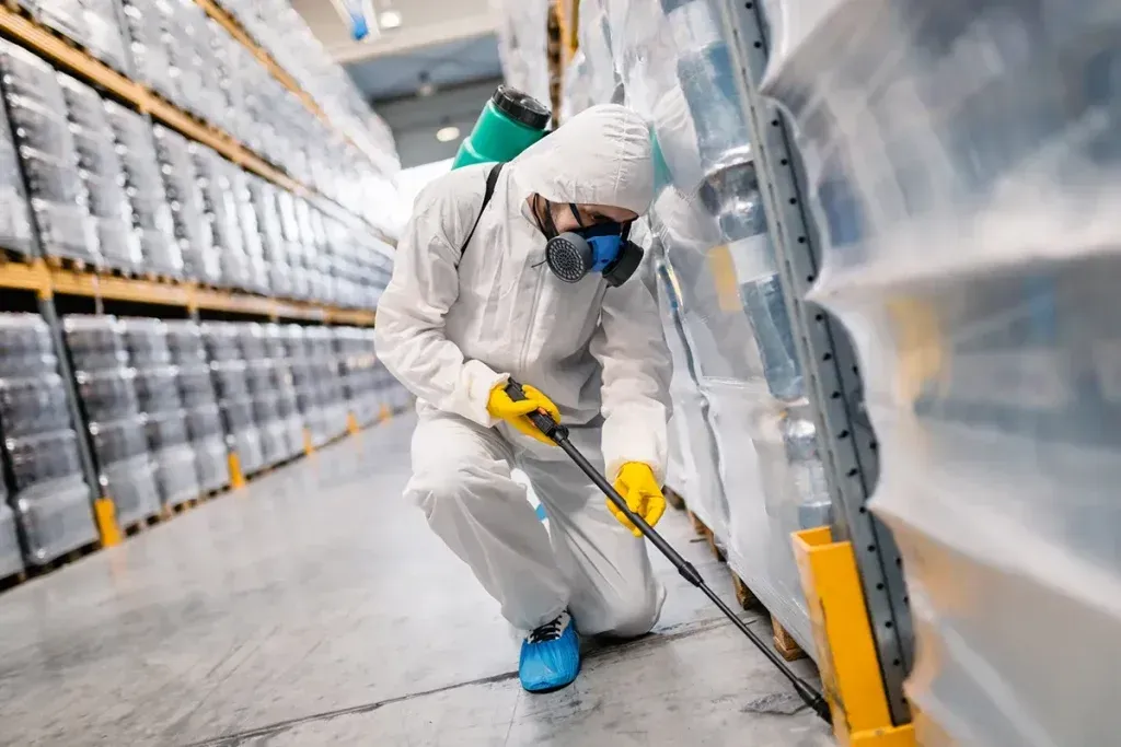 Una persona con equipo de protección utiliza un pulverizador para desinfectar los estantes de un gran almacén.