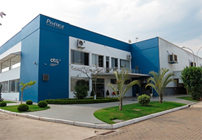 A large blue and white building with a lot of windows