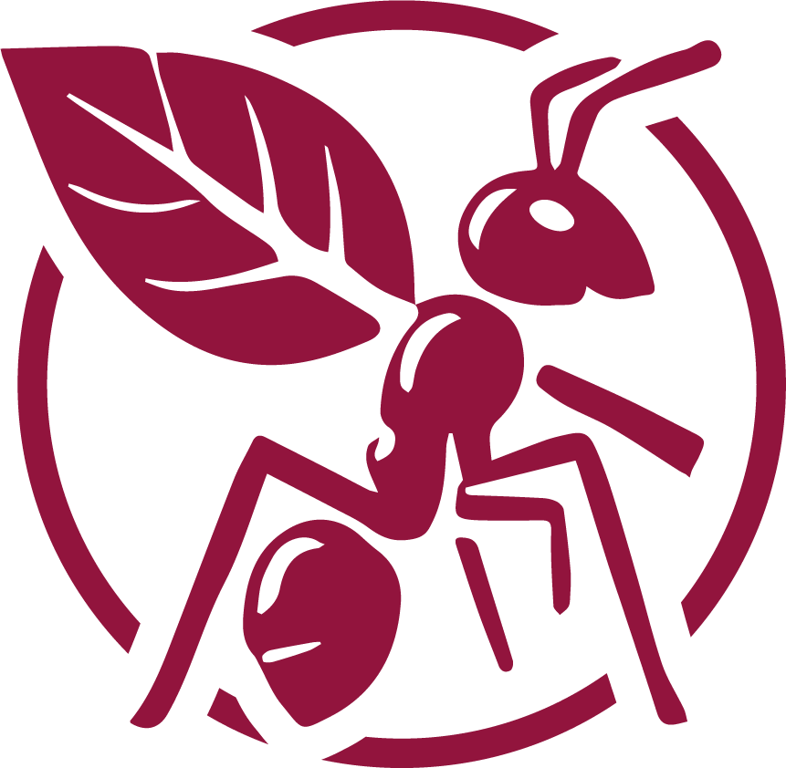 A red ant with a leaf on its back is in a circle.