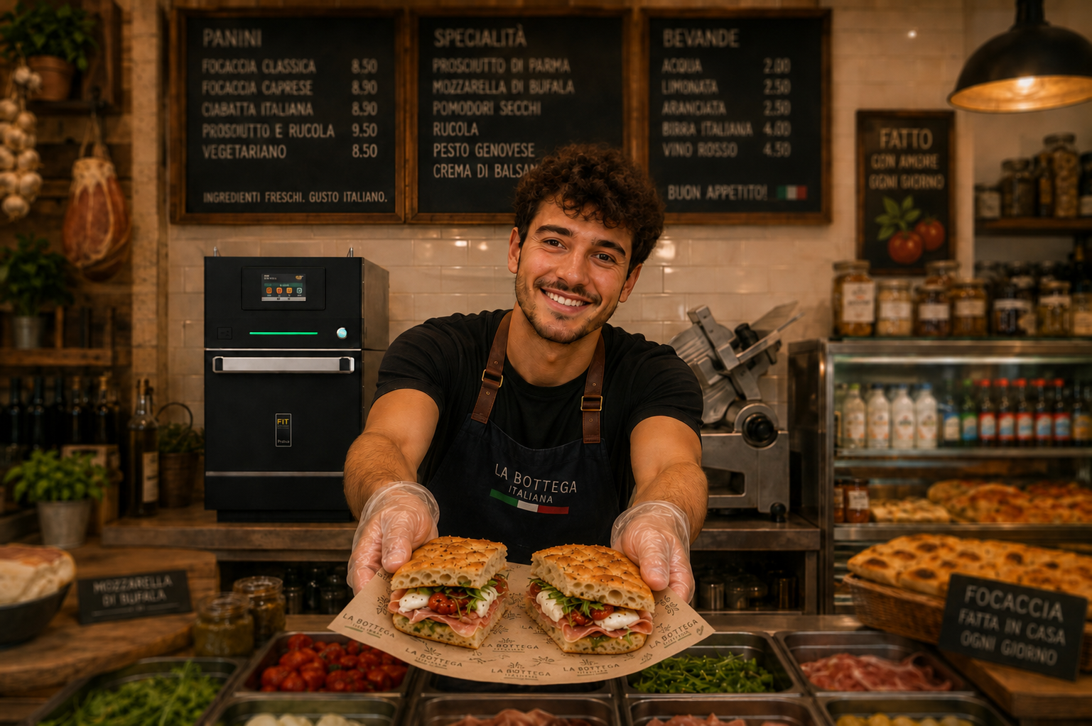 Employee serving a freshly finished focaccia sandwich while a Prática FIT Express Speed Oven