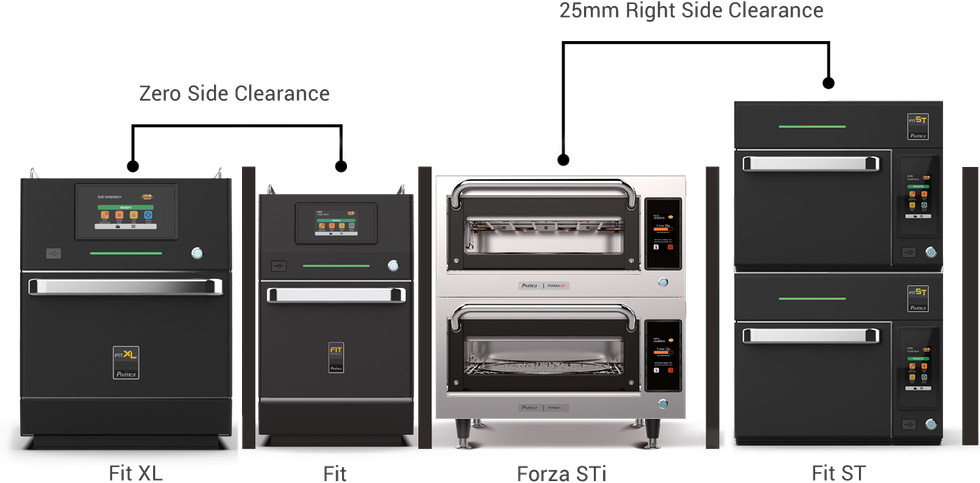A group of ovens stacked on top of each other on a white background.