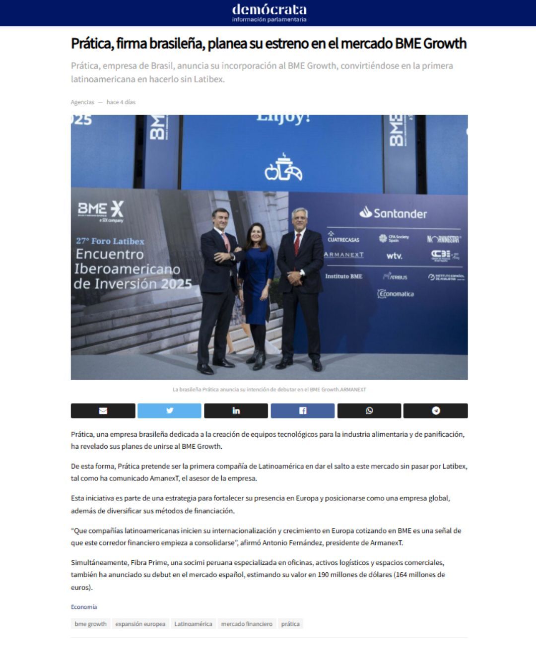 Three people standing in front of a backdrop with logos; text about a Brazilian firm entering the BME Growth market.