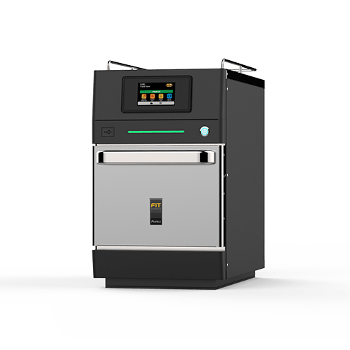 A black and silver oven with a touchscreen display on a white background.