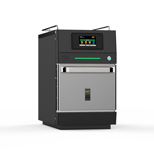 A stainless steel oven with a touchscreen on a white background.