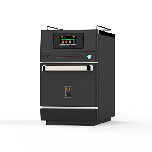 A black oven with a touchscreen display on a white background.