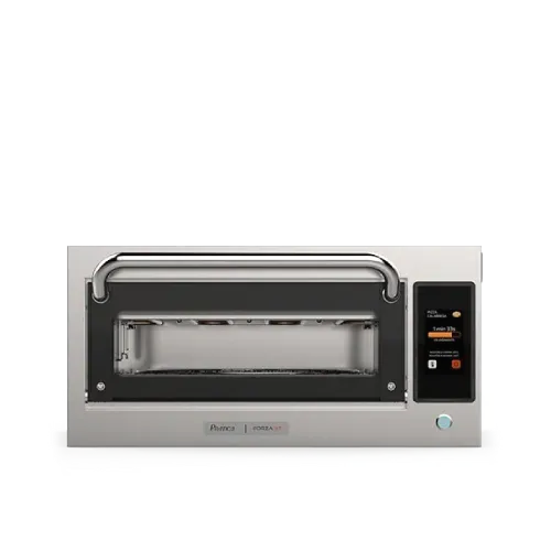 A stainless steel oven with a black handle on a white background.