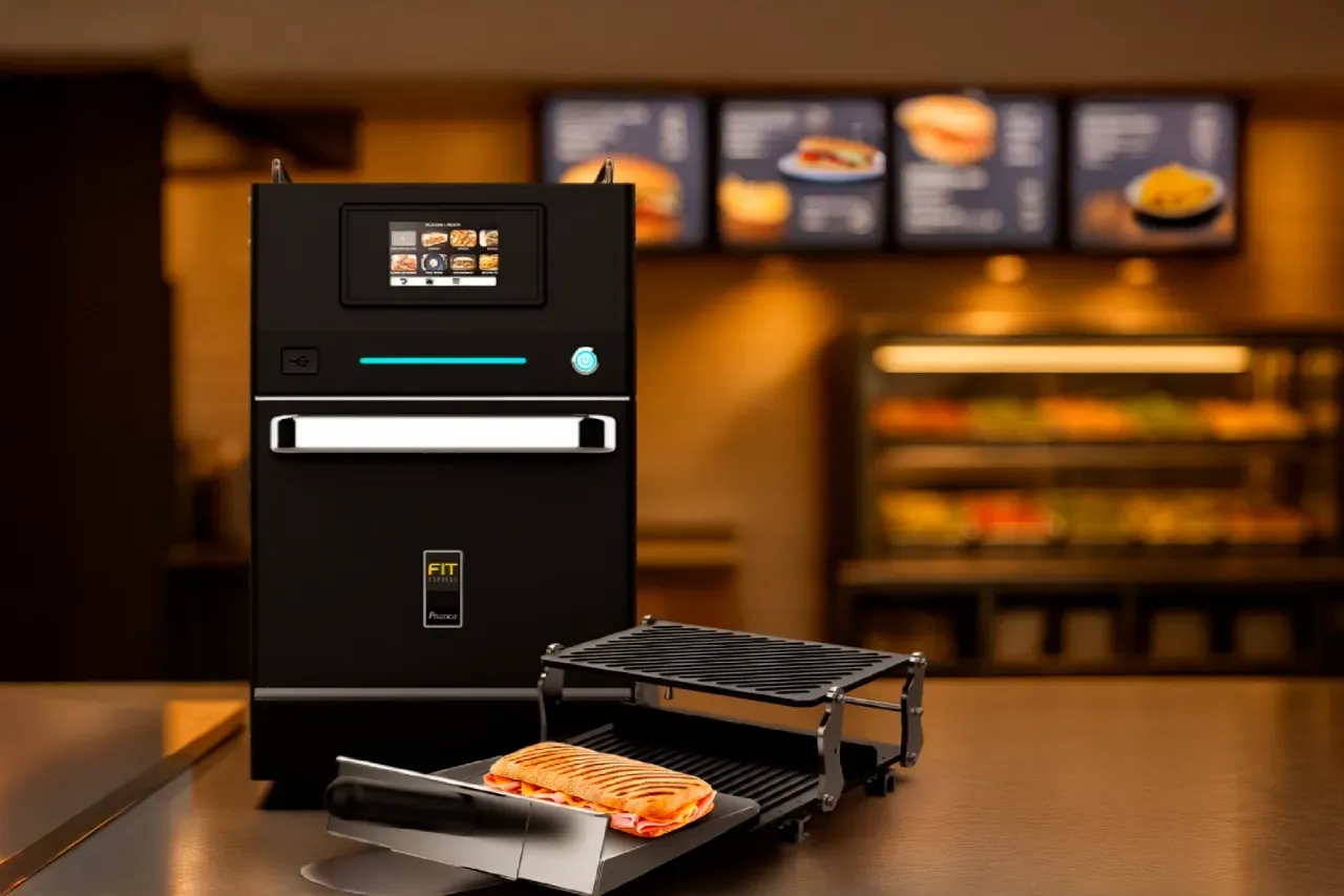 Prática’s Fit Express Speed Oven with Panini Press accessory preparing a toasted panini sandwich 