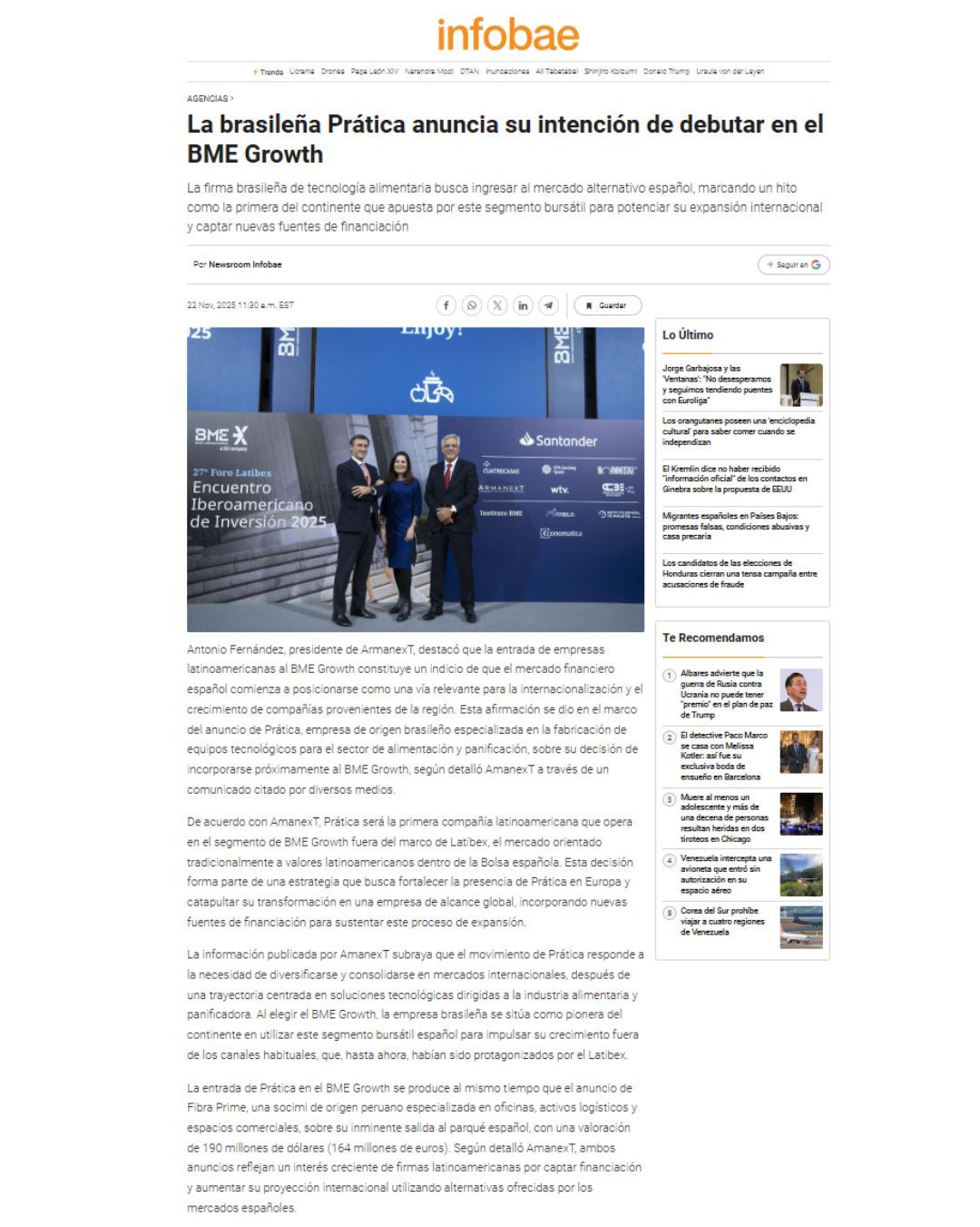 Article from Infobae about Praktica's interest in debuting on the BME Growth