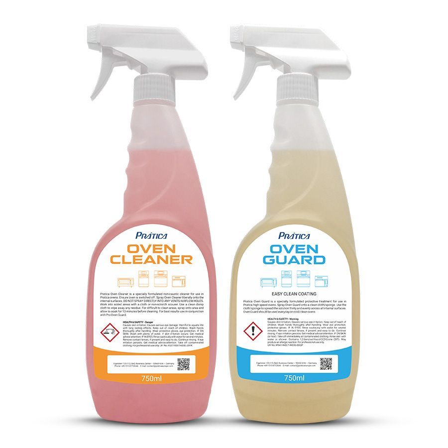 Two spray bottles: Oven Cleaner (pink) and Oven Guard (beige) on a white background.