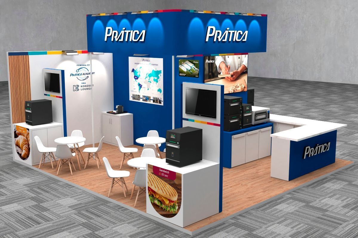 A blue and white trade show booth with products, displays, seating, and the