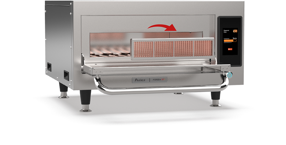 A conveyor belt oven with the door open on a white background.