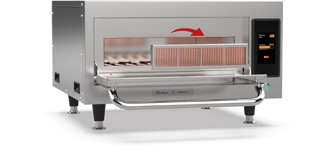 A conveyor belt oven with the door open on a white background.
