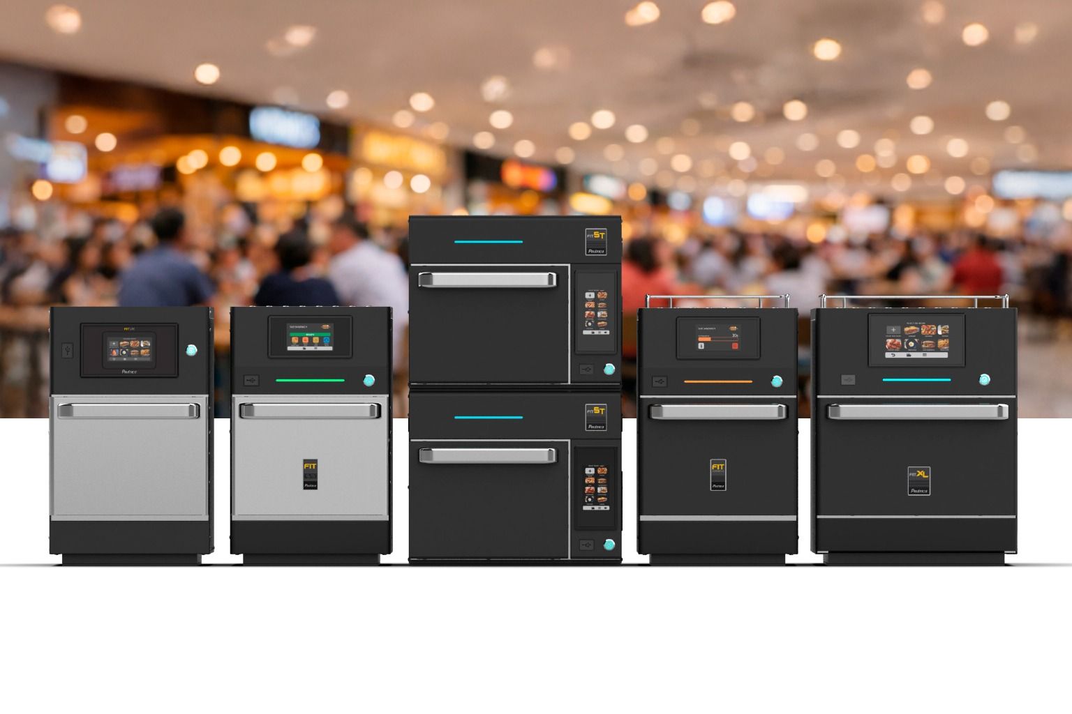 Full Prática FIT Line of Speed Ovens displayed in a food court environment.