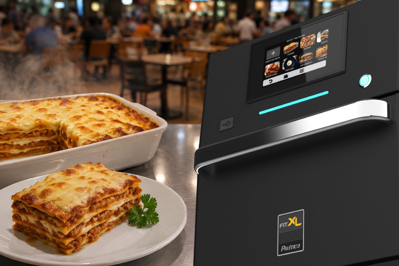 Prática FIT XL Speed Oven beside a freshly baked lasagna in a food hall