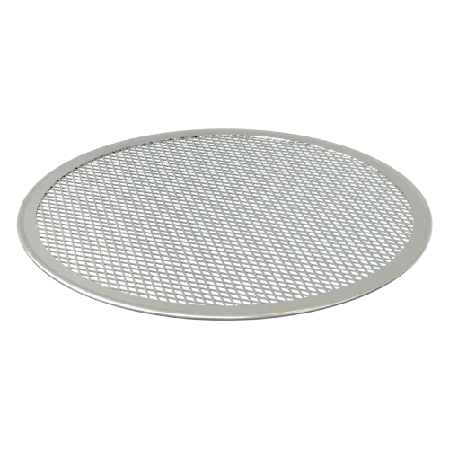 A stainless steel pizza screen on a white background.