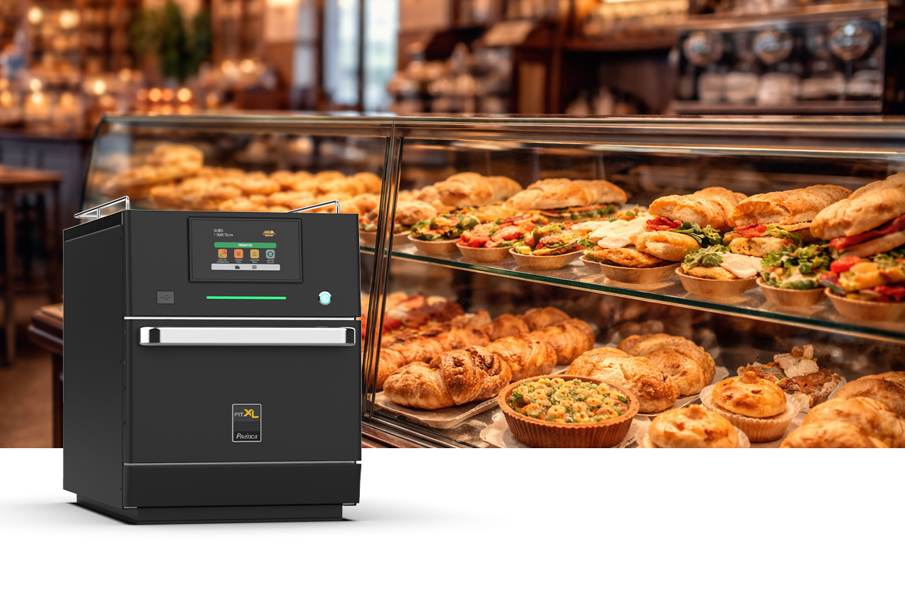 Prática Fit XL Speed Oven in the foreground with a bakery display counter full of pastries 