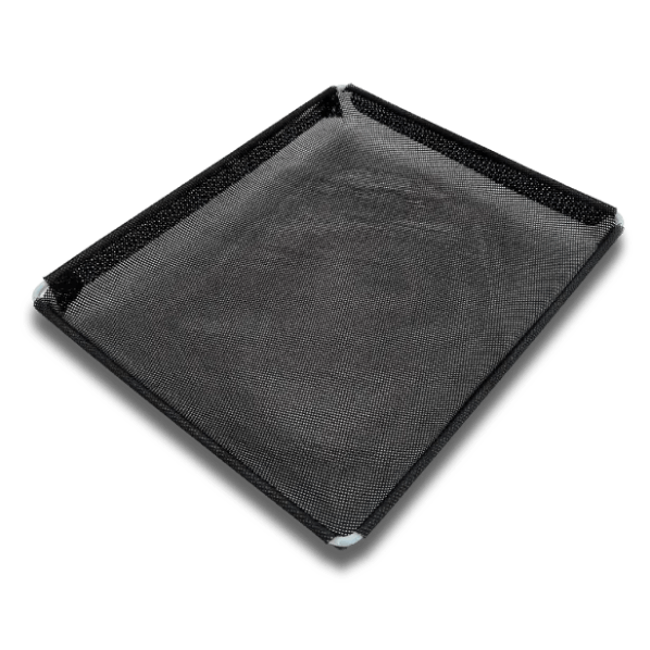 A black tray with a mesh bottom on a white background.