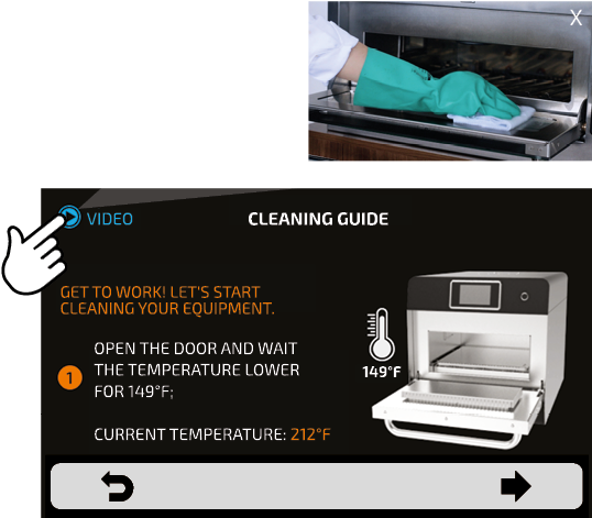 A cleaning guide shows how to clean an oven