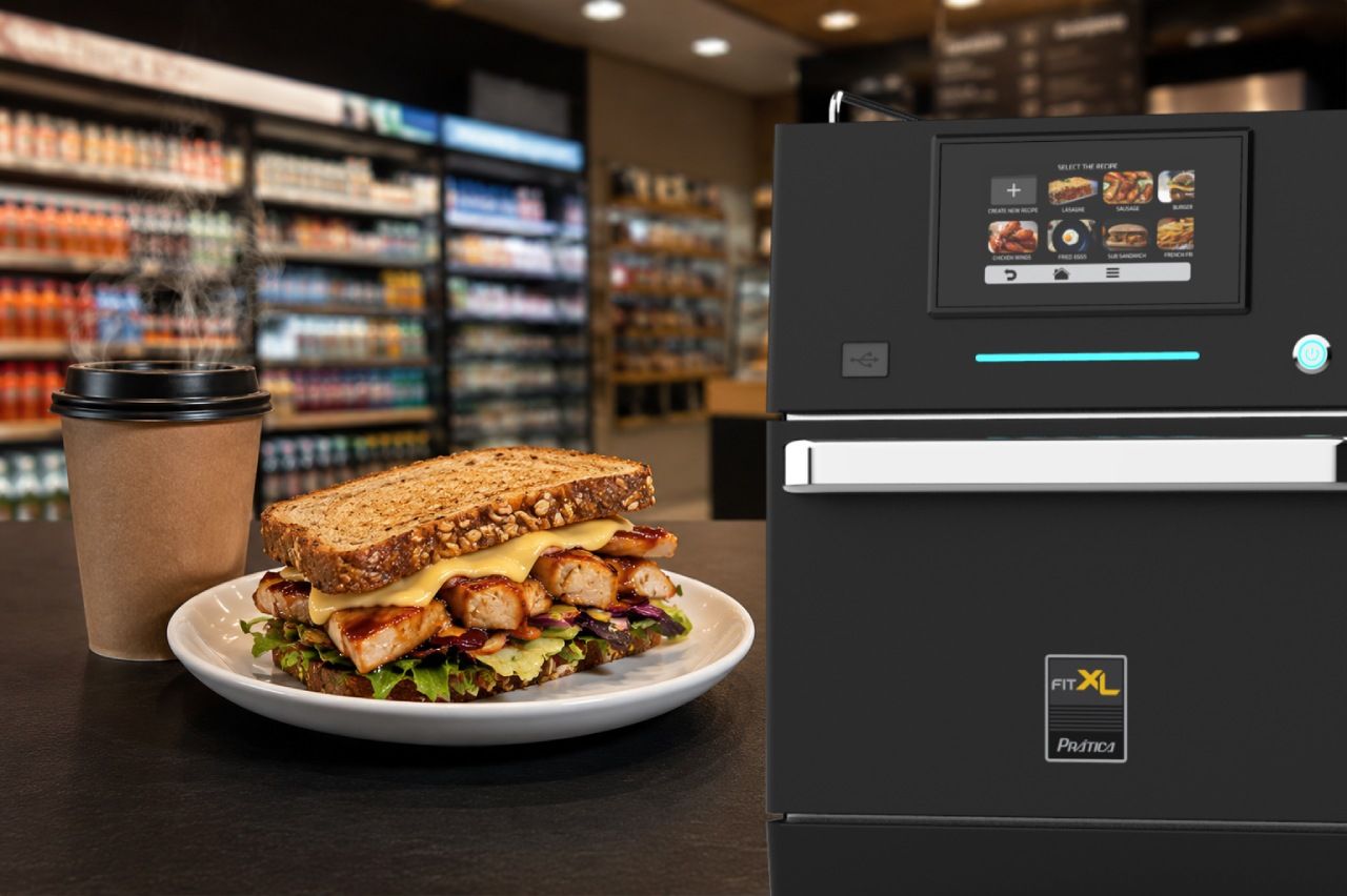 Prática FIT XL Speed Oven displayed on a convenience store counter along a toasted sandwich 