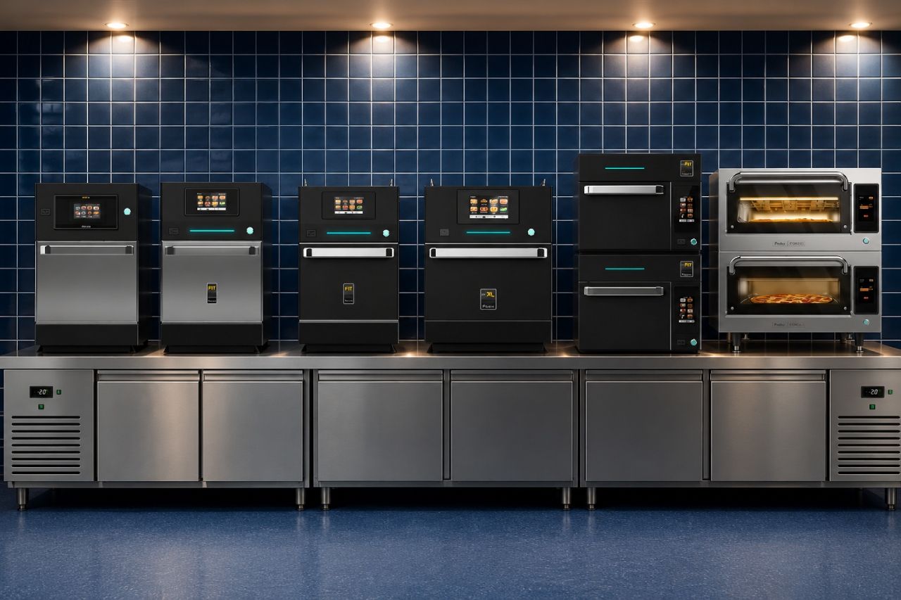 Prática Commercial Speed Oven lineup displayed on a stainless steel counter