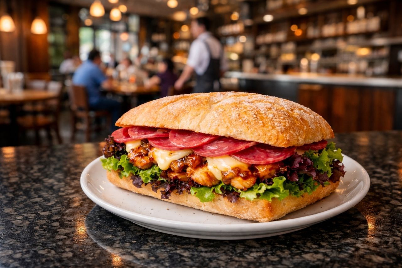 Golden toasted sandwich with melted cheese, grilled chicken, salami and fresh lettuce on a plate 
