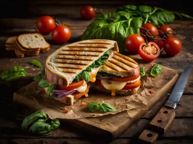 A panini sandwich is cut in half on a wooden cutting board.