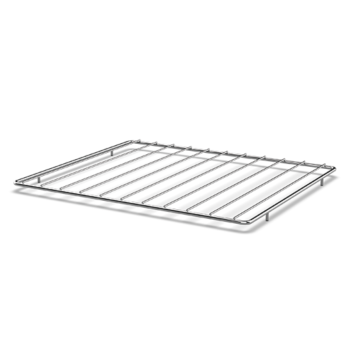 A stainless steel cooling rack on a white background.
