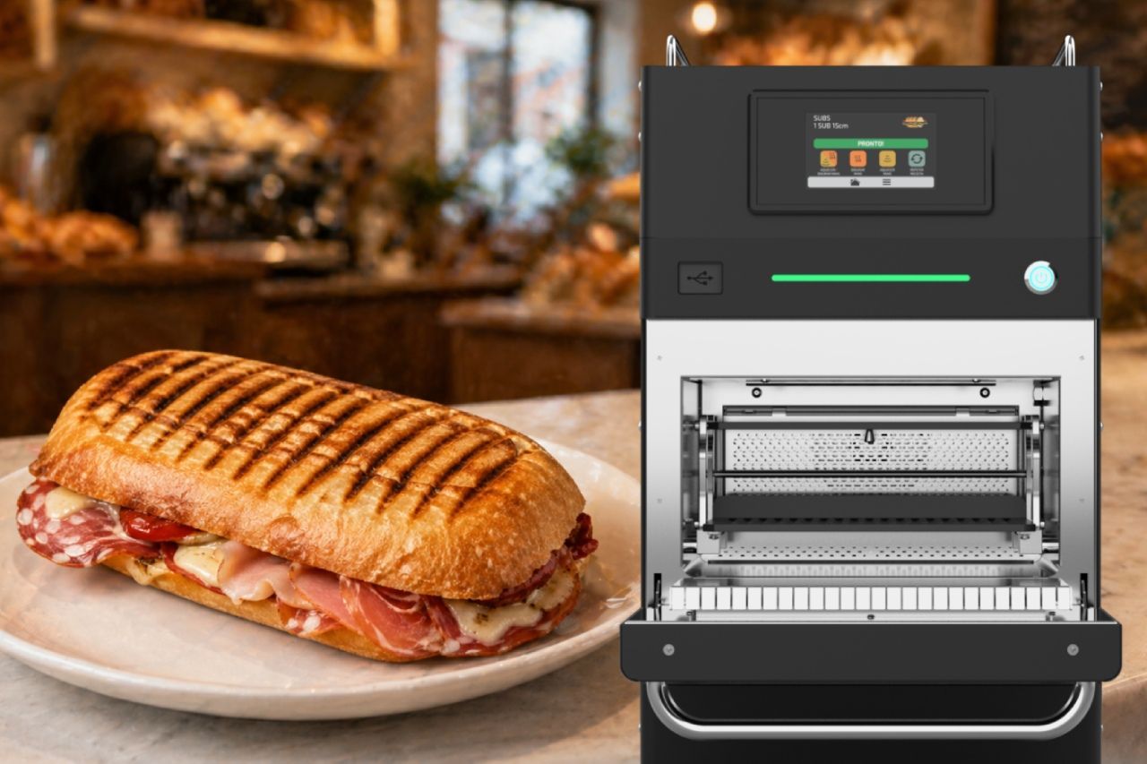 Prática Fit Express Speed Oven with Panini Press accessory preparing a grilled panini sandwich 