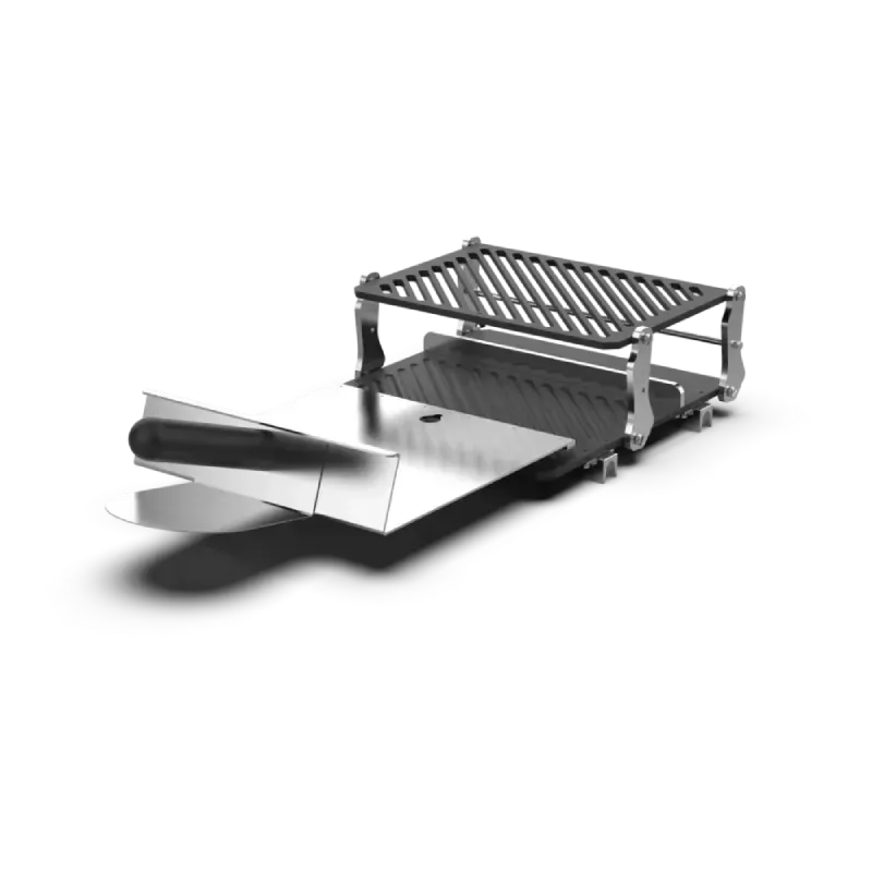 A stainless steel grill with tongs attached to it on a white background.
