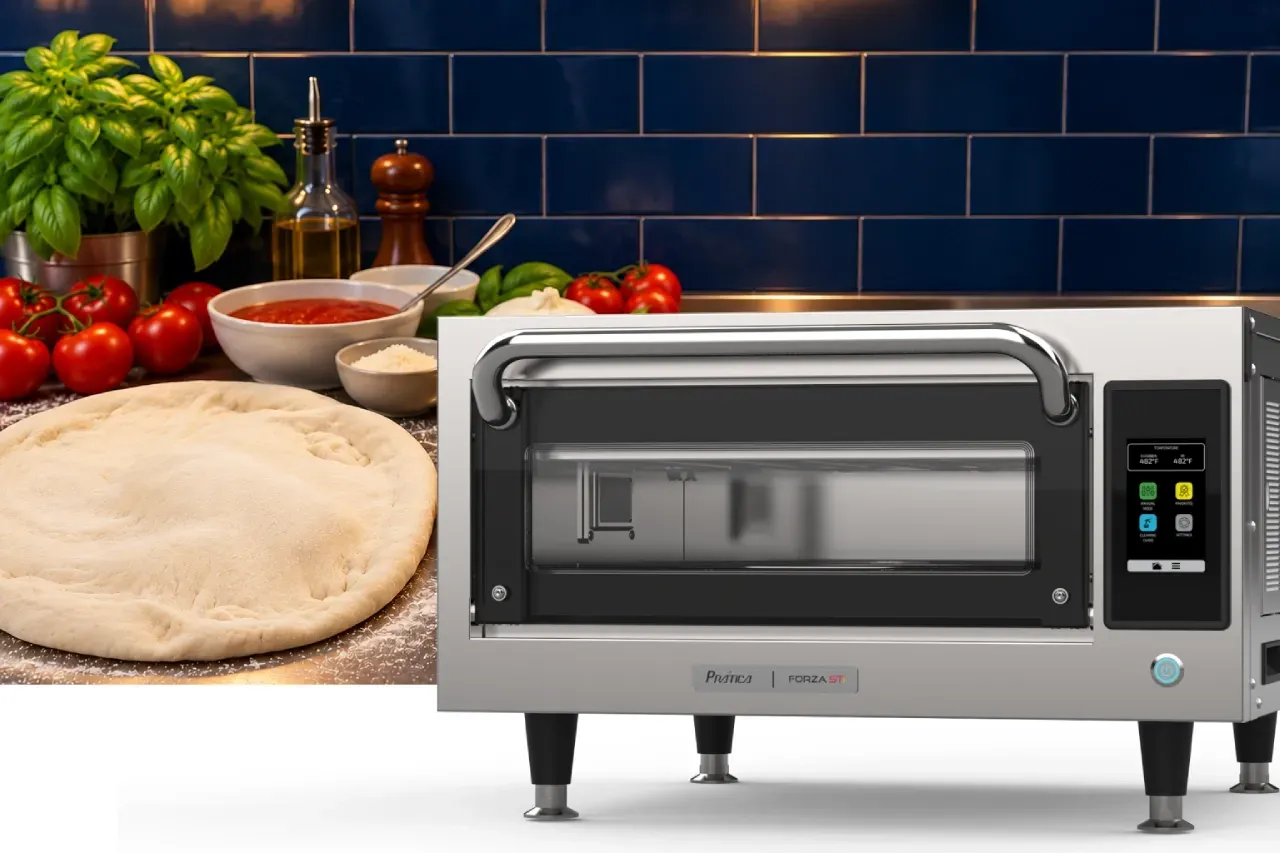 Prática FORZA STi Speed Oven beside fresh pizza dough and ingredients in a professional kitchen.