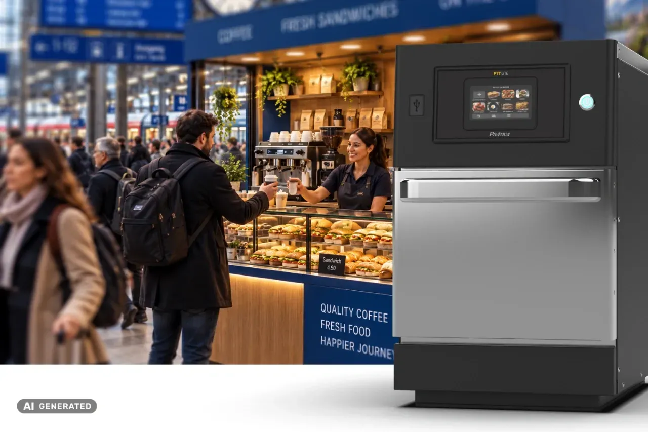 Prática FIT Lite Speed Oven in a busy European railway station café serving sandwiches and coffee