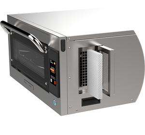 A stainless steel microwave oven with the door open