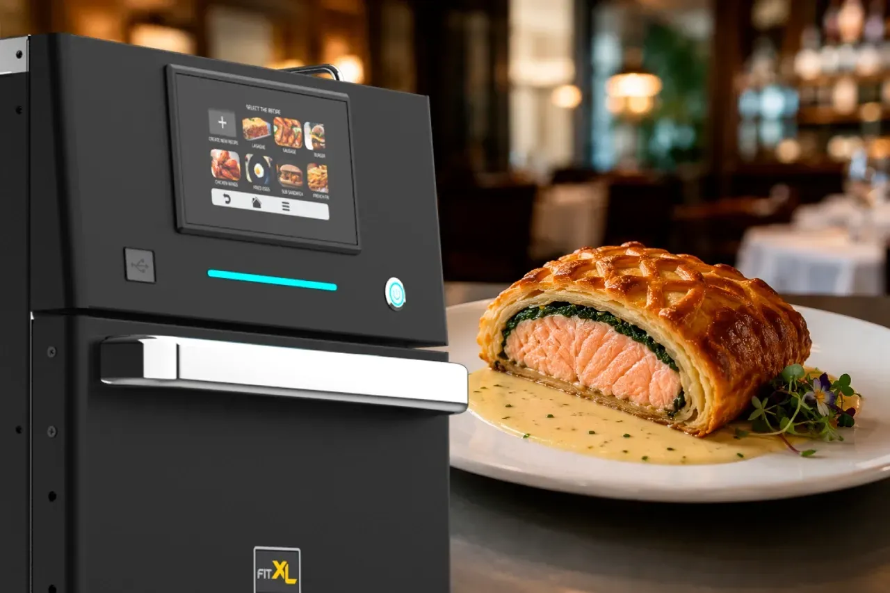 Prática Fit Express Speed Oven beside a freshly baked Salmon en Croûte with golden puff pastry