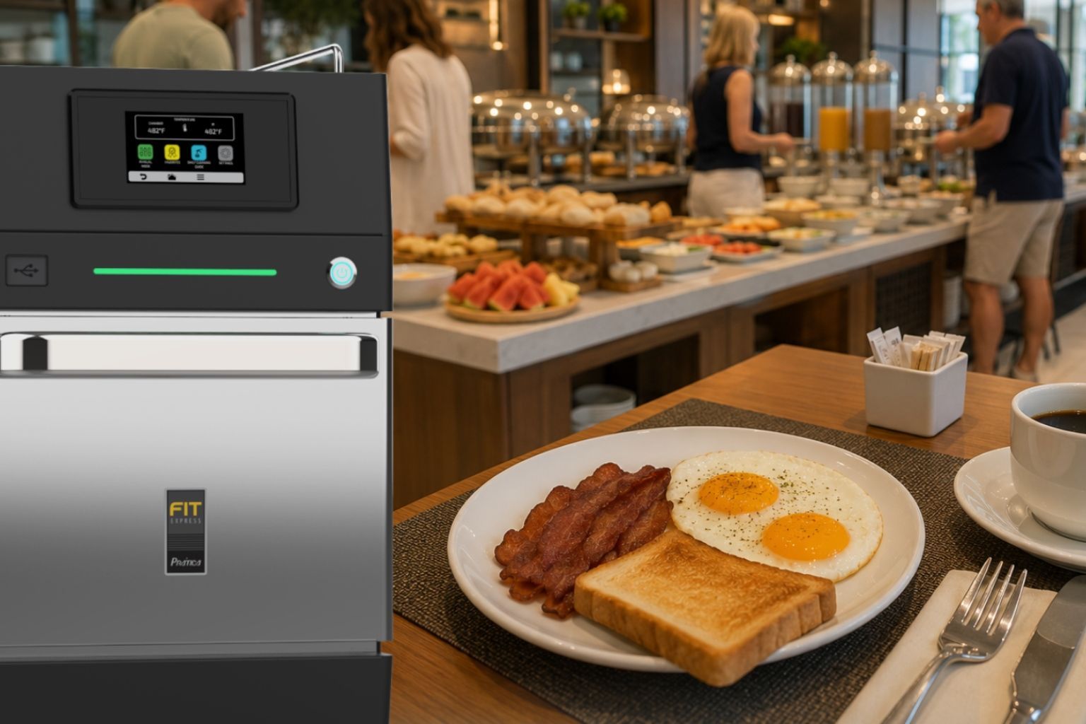 Prática FIT Express speed oven in a hotel café, finishing pastries and hot meals