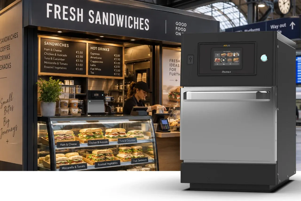 Prática FIT Lite Speed Oven in a compact sandwich kiosk at a European railway station.