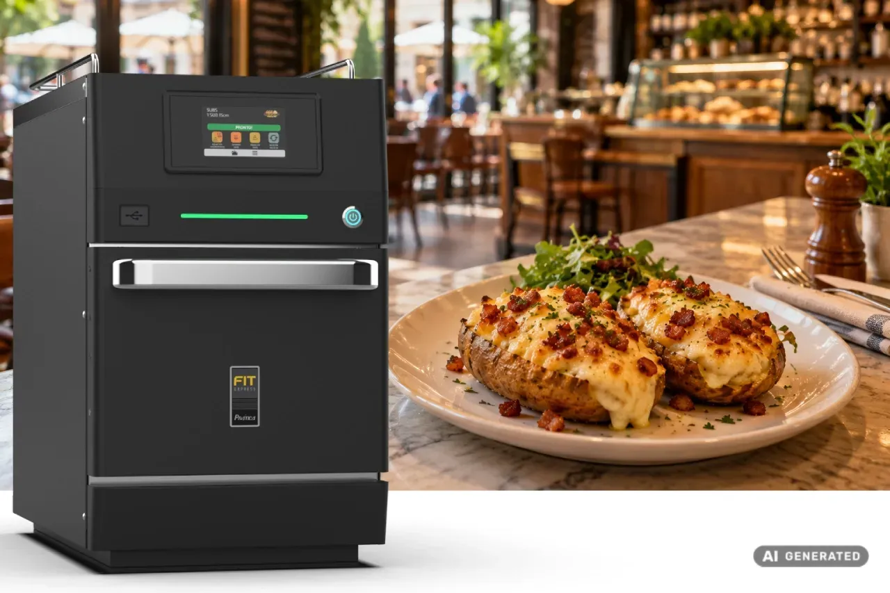 Prática FIT Express Speed Oven beside a plate of loaded baked potatoes in a restaurant 
