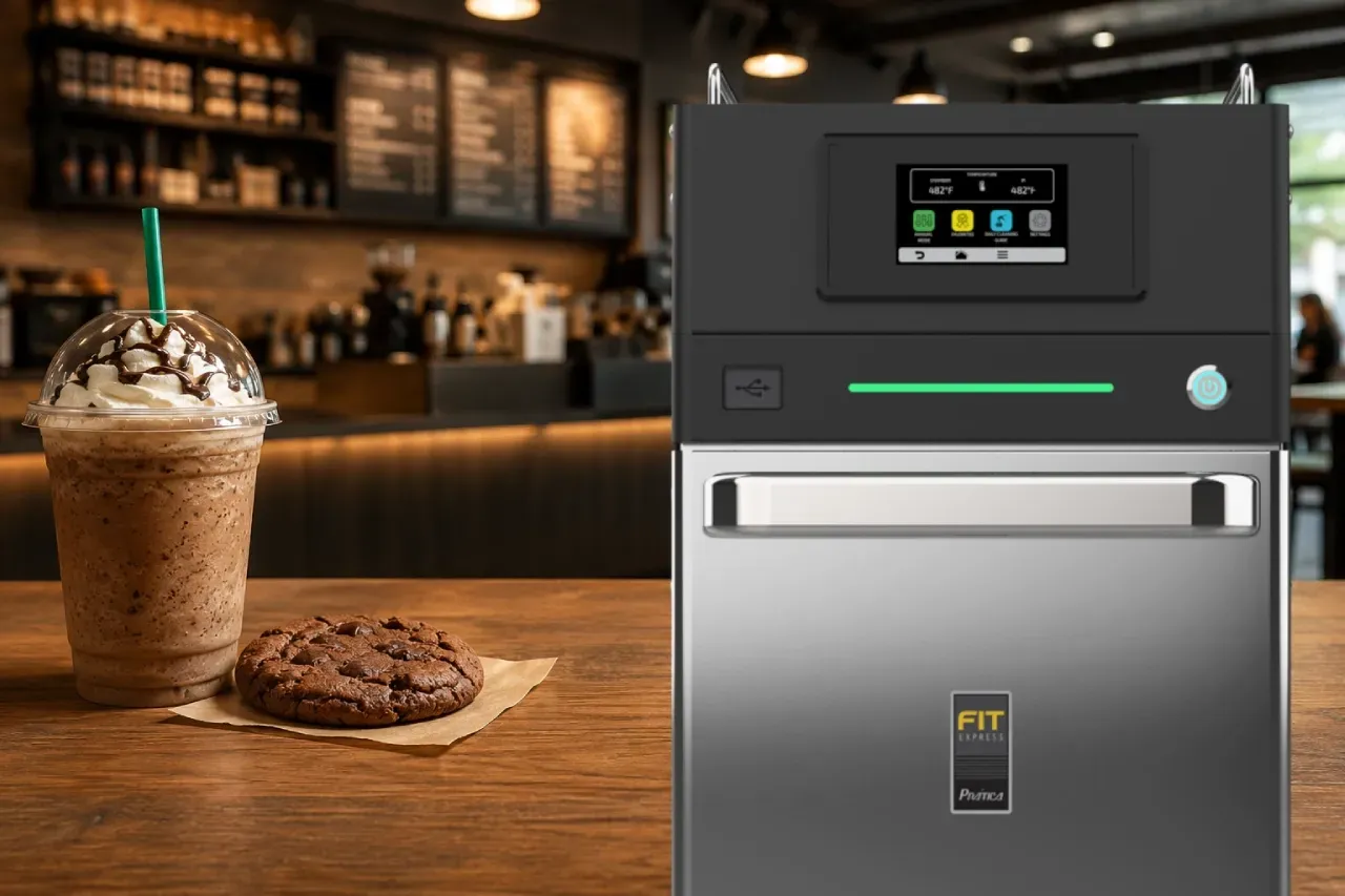 Prática FIT Express speed oven displayed in a modern coffee shop alongside an iced coffee 