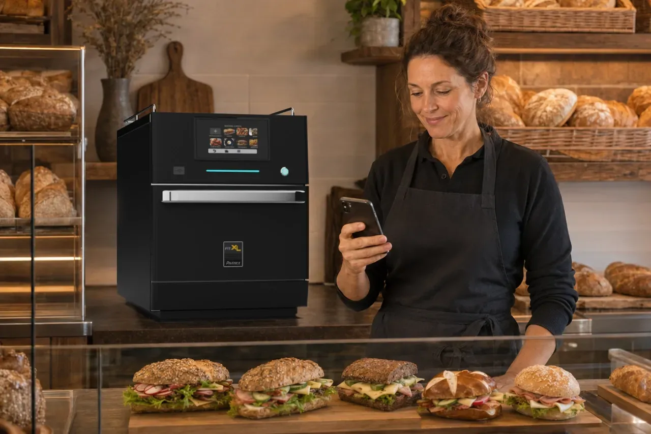 Foodservice manager using a smartphone beside a Prática Speed Oven in a bakery with sandwiches ready