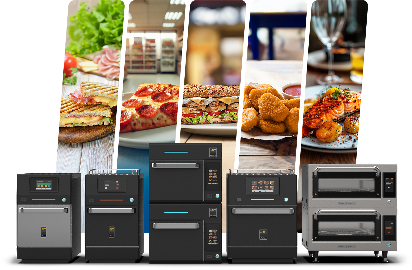 A collage of pictures of different types of food and ovens.