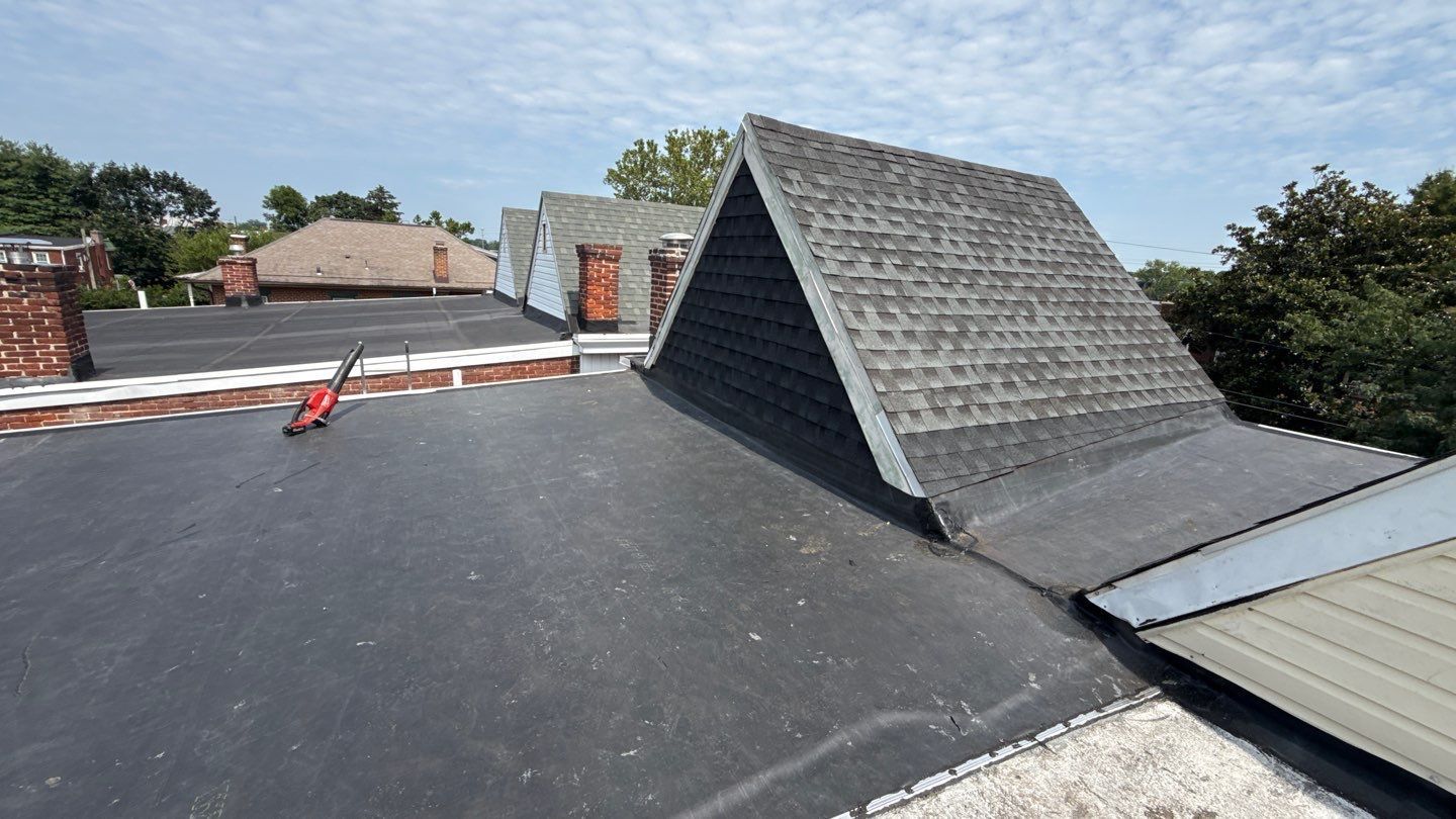 A dark, flat roof with a triangle-shaped roofline, brick chimneys, and a clear sky.