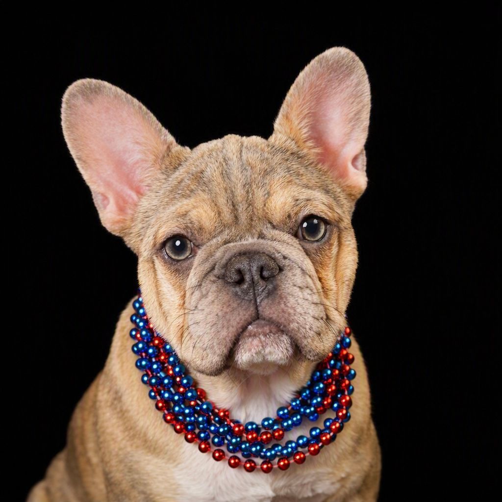 French bulldog puppy lying on a dark blanket, with fireplace glow and heart-shaped paw-print decorations, labeled “Coozie”