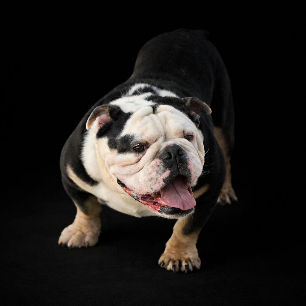 Black-and-white bulldog puppy wearing purple beads on a dark blanket