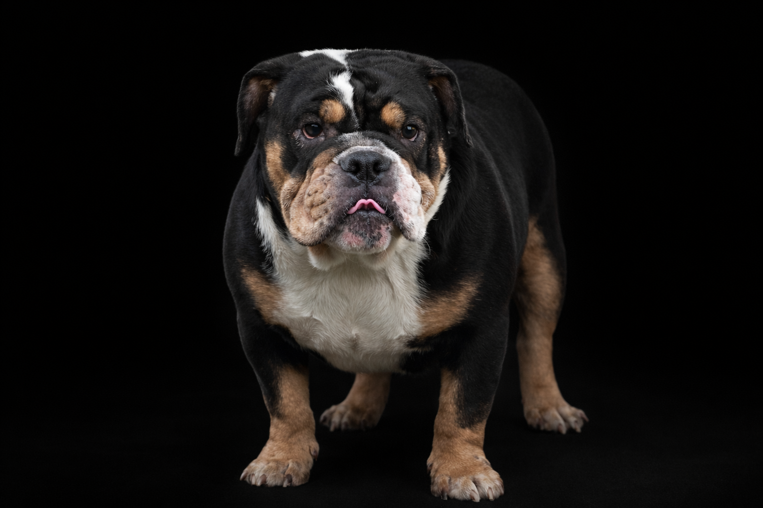 Sleepy merle bulldog puppy with red beads resting on a dark blanket