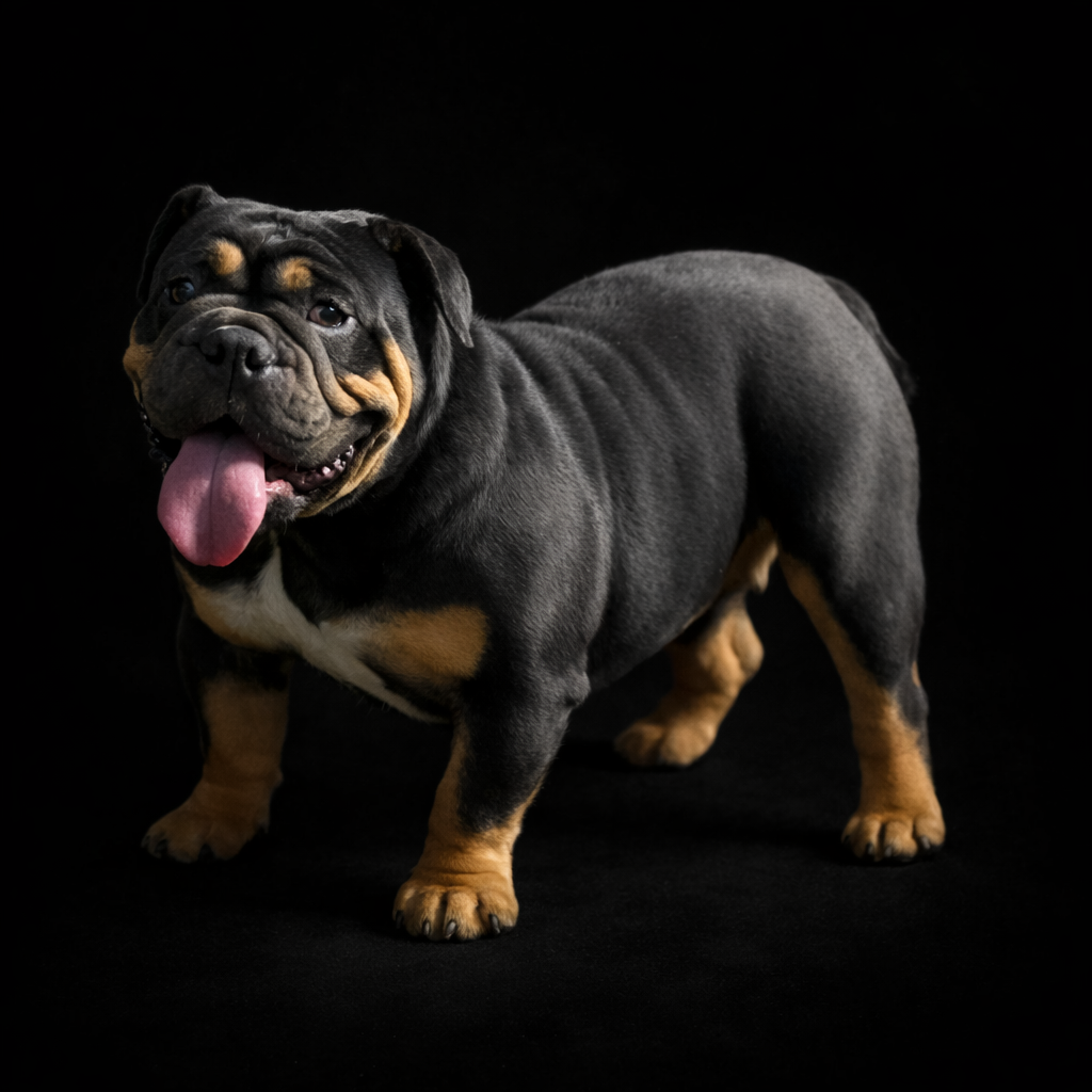 Black French bulldog with tongue out, looking at the camera against a blurred indoor background