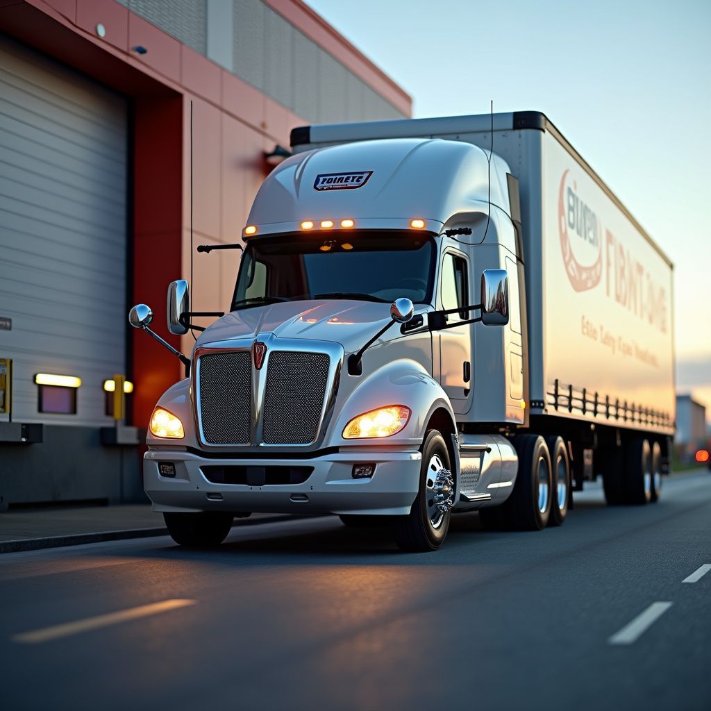 Semi-truck with a white trailer, parked in front of a loading dock.