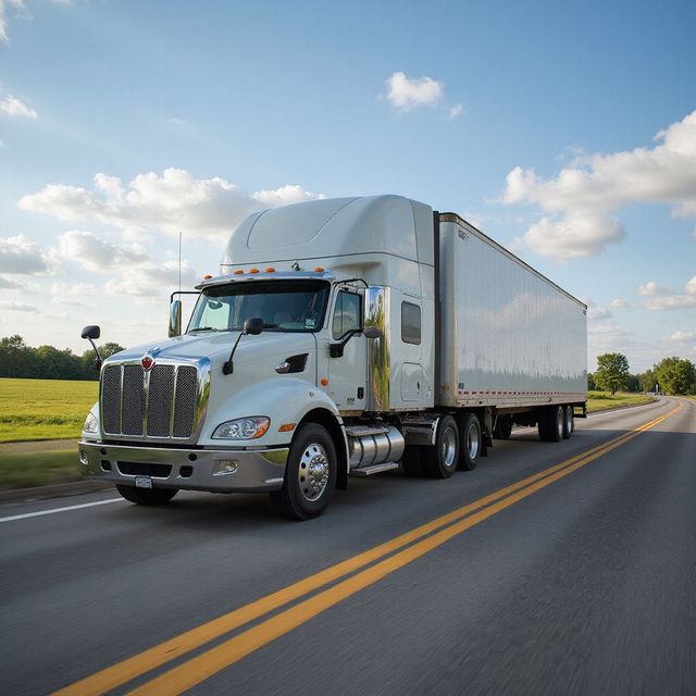 White semi-truck driving on a road with yellow lines, blue sky, and green fields.