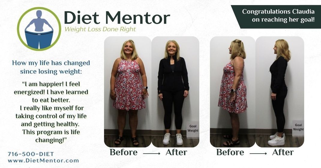 Side-by-side weight loss progress collage with a woman in black outfits, plus “Congratulations Mary Ann” text.