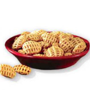 Bowl of waffle-shaped snack food, golden-brown, in a red bowl, on a white background.