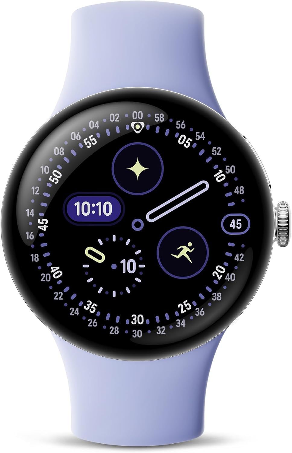 Blue smartwatch with round black face showing digital time and fitness widgets